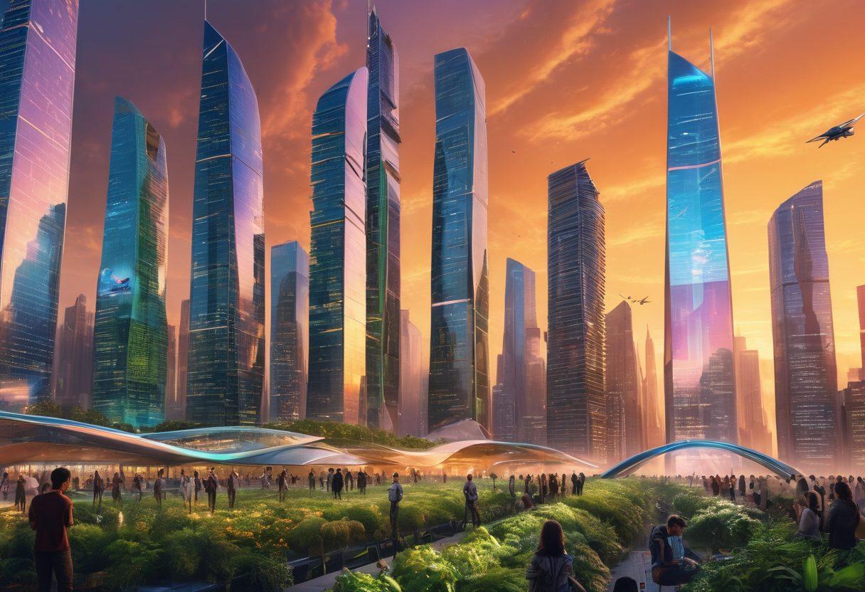 A futuristic city skyline featuring sleek skyscrapers with green vertical gardens, vibrant holographic advertisements displaying cutting-edge technology, and diverse people interacting with digital interfaces. In the foreground, a tech-savvy group discusses innovative gadgets while a drone zips by overhead. The sky is illuminated with a sunset casting golden hues over the scene. ultra-modern. vibrant colors. dynamic perspective.