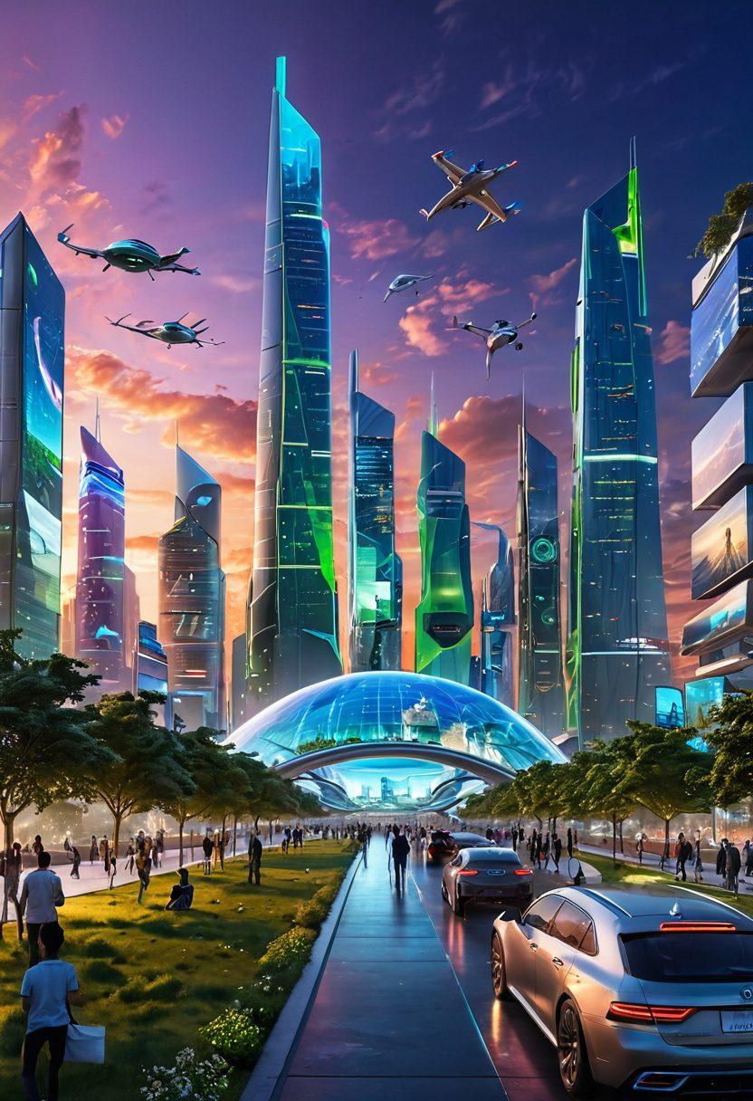 A futuristic city skyline at dusk, with advanced technology integrated into the architecture, showcasing flying vehicles and green spaces. In the foreground, diverse people are using holographic devices, engaging with digital news displays about recent developments. The sky is awash with vibrant colors, hinting at a blend of nature and technology. super-realistic. vibrant colors. 3D.