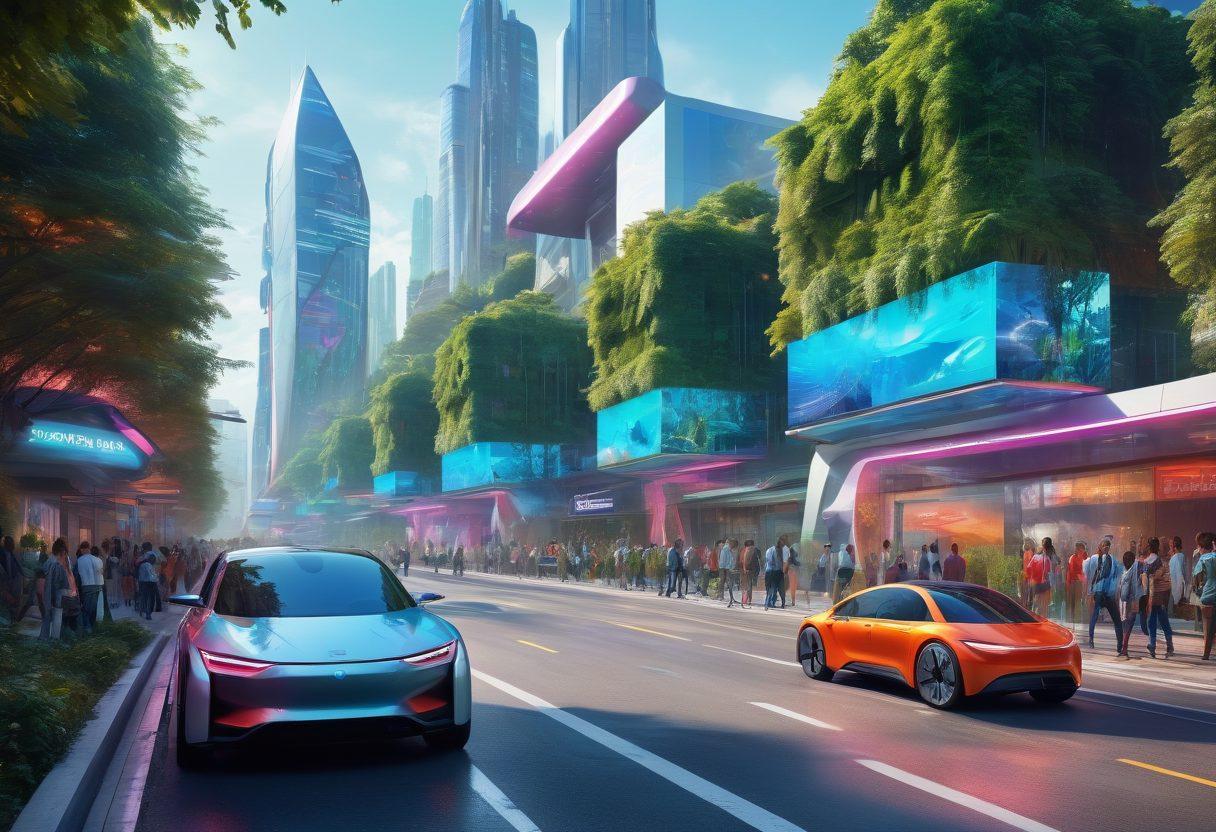 A futuristic cityscape with people wearing avant-garde fashion designs, showcasing a blend of technology and style. Include holographic advertisements and electric vehicles on the streets, surrounded by greenery and smart architecture. The scene portrays a vibrant atmosphere with energetic colors and a diverse crowd. digital art. vibrant colors. 3D.